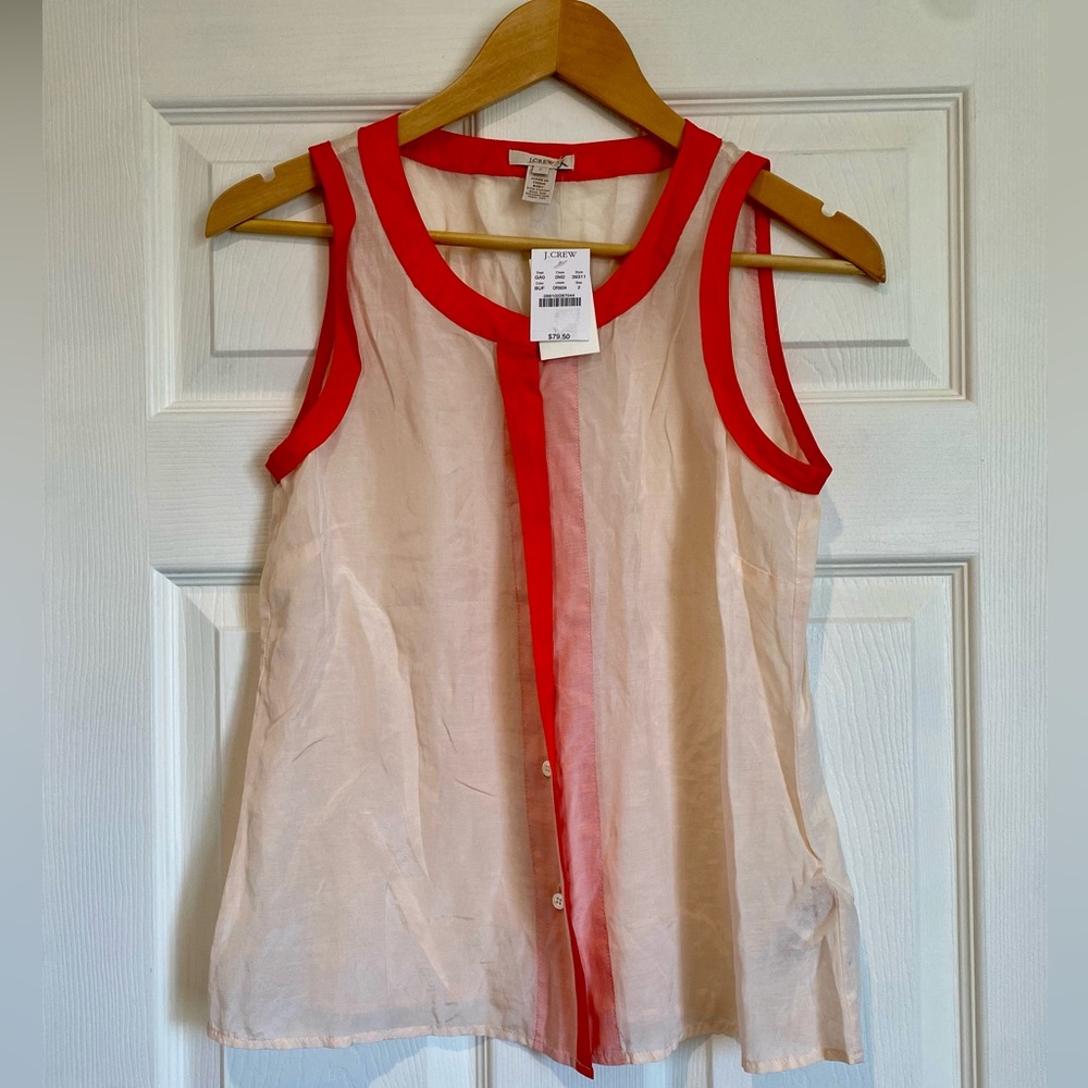 J. Crew Silk/Cotton Blend Tank Blouse in Light Cream with Salmon Trim Size 2